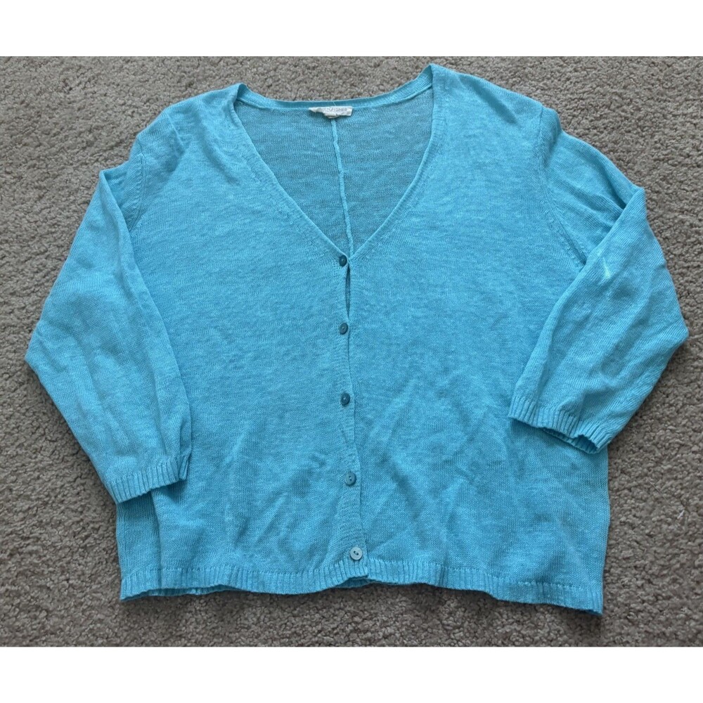 Eileen Fisher Linen Cardigan Sweater Cropped Boxy Teal Blue Petite Medium
